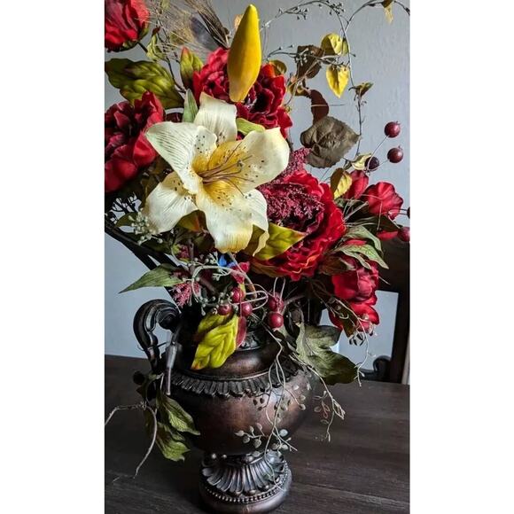 Silk Fall Floral Arrangement Metal Urn Vase Red Roses Yellow Lilies Flowers - Picture 2 of 6